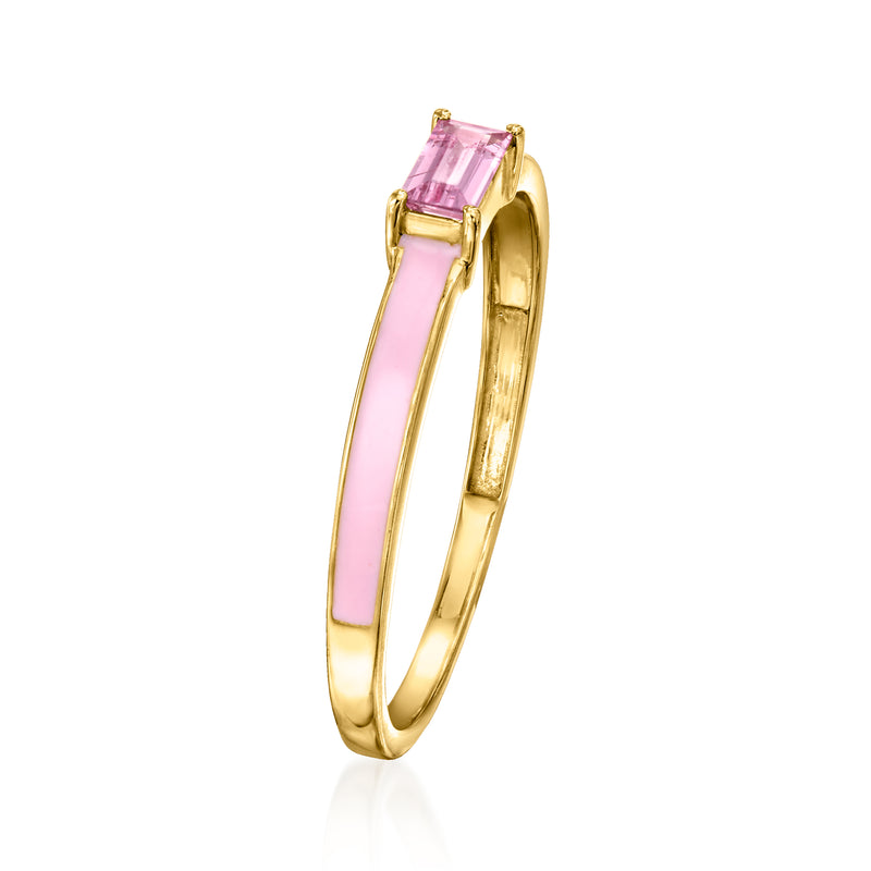 Side view: 14kt yellow gold ring with pink enamel and square pink sapphire center