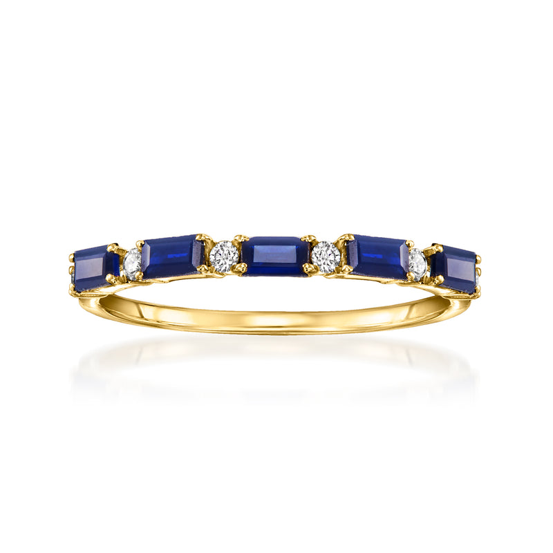 14kt yellow gold ring with blue square sapphires and white diamond accents