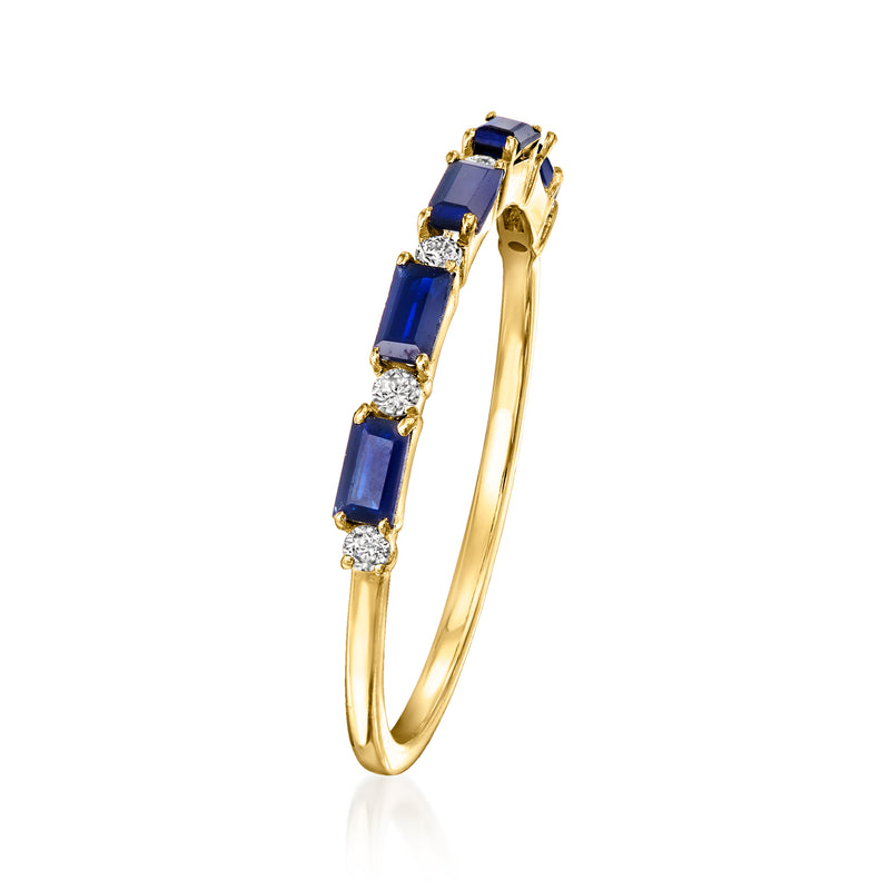 Side view of 14kt yellow gold ring with blue sapphires and small diamond accents