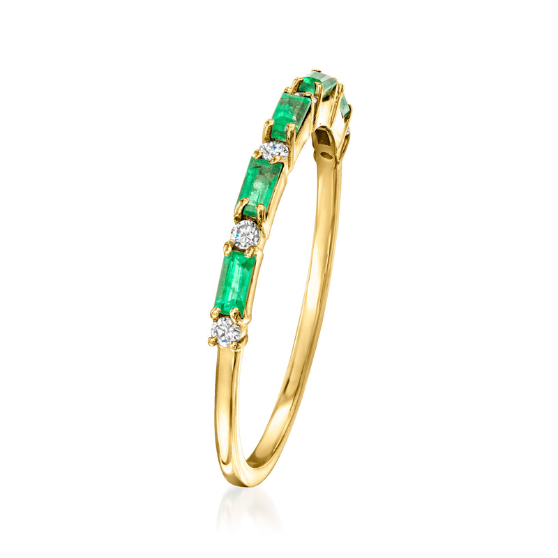 14kt yellow gold emerald-and-diamond ring, side view with green emerald stones