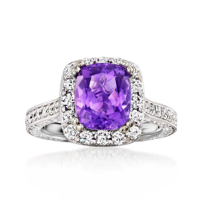 Amethyst and diamond halo ring in 14kt white gold with cushion purple center