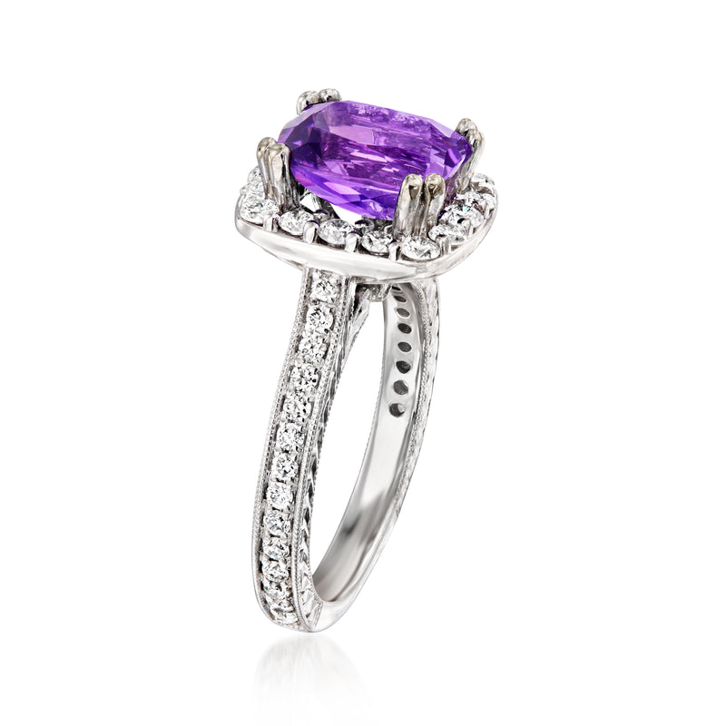 Amethyst cushion ring with diamond side accents and prong-set purple gemstone, white gold