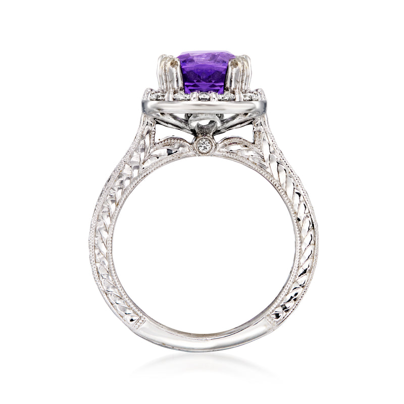 Amethyst and diamond ring in white gold, side view