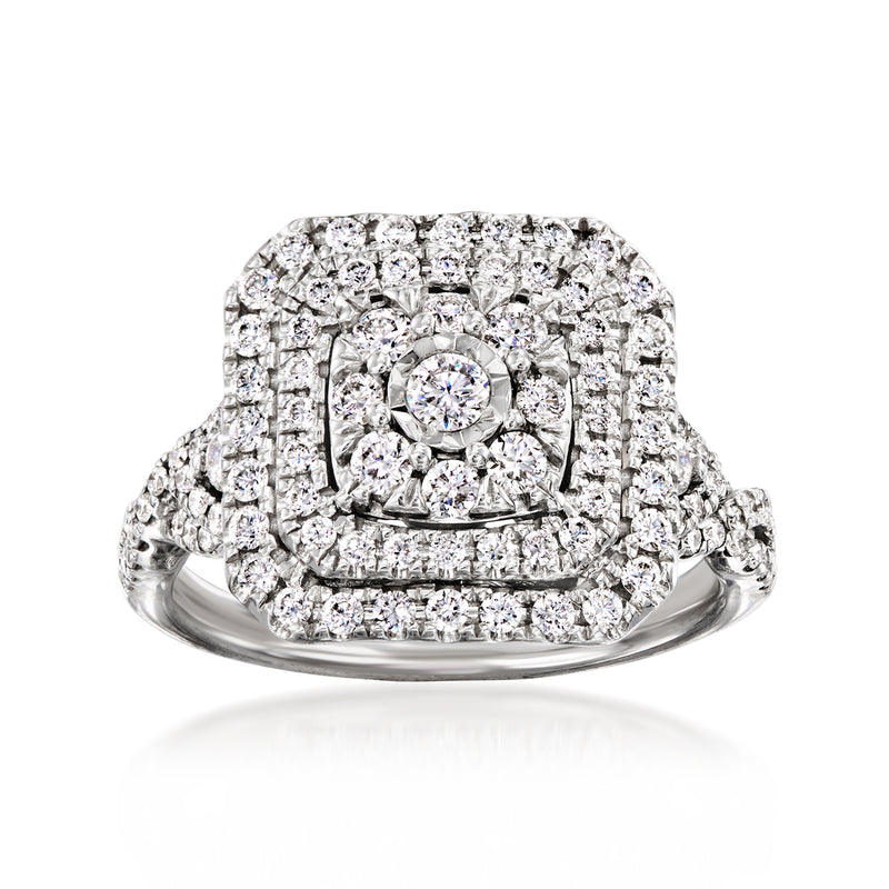 Diamond cluster ring in 14kt white gold with square halo and pavé band