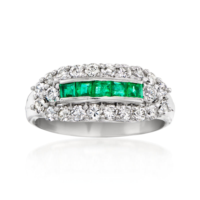Platinum vintage emerald-and-diamond ring with rectangular green emerald center