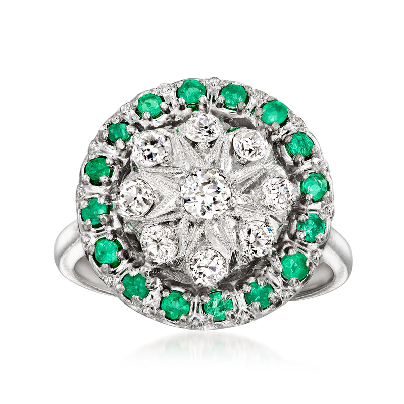 Vintage 14kt white gold emerald and diamond cluster ring, round green emeralds