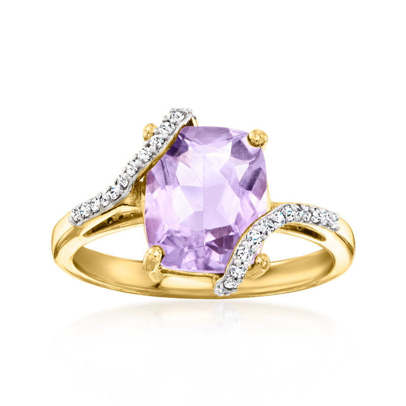 Gold amethyst ring with large lavender square-cut stone and diamond halo accents