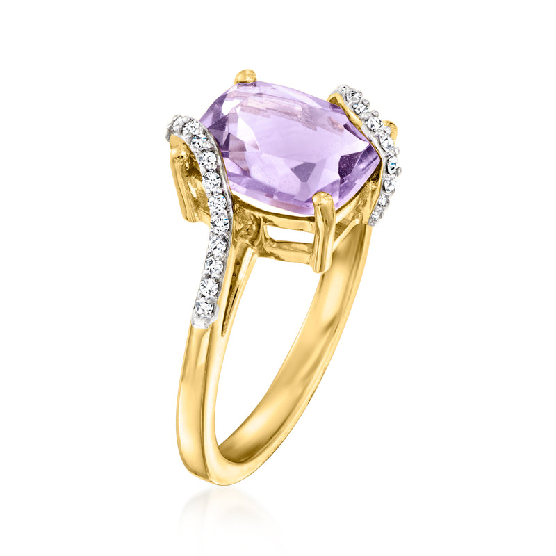 Gold amethyst ring with cushion-cut lavender center stone and side diamond rows