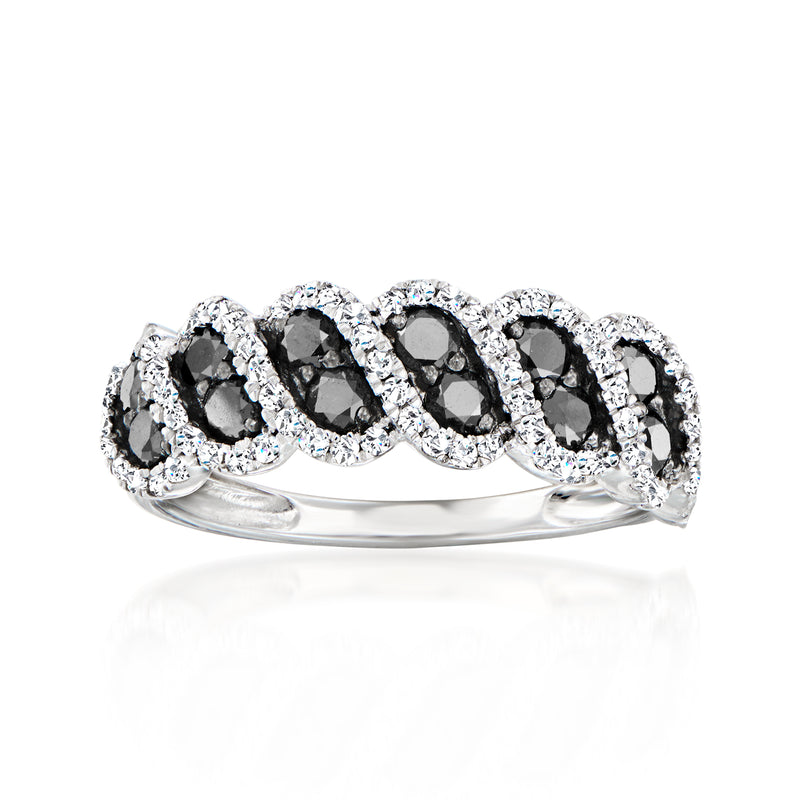 Sterling silver twisted diamond band with oval black stones and white halo accents