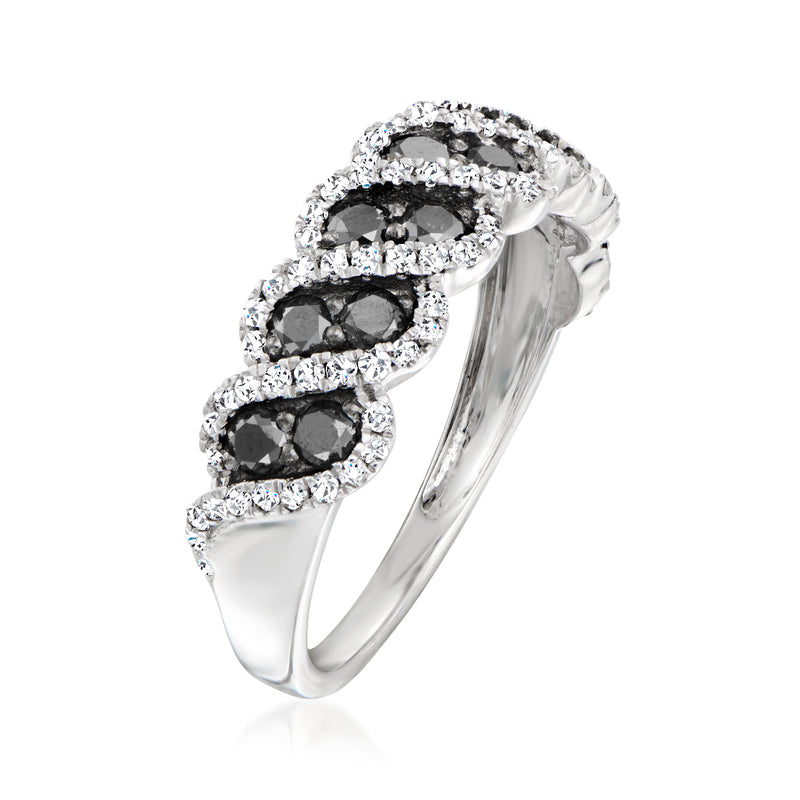 Sterling silver twisted ring with black and white diamonds