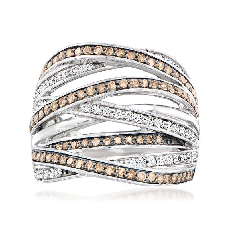 Sterling silver diamond highway ring with white and brown stones, curved band