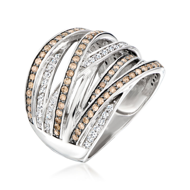 Sterling silver highway ring with alternating white and brown diamond rows, side view