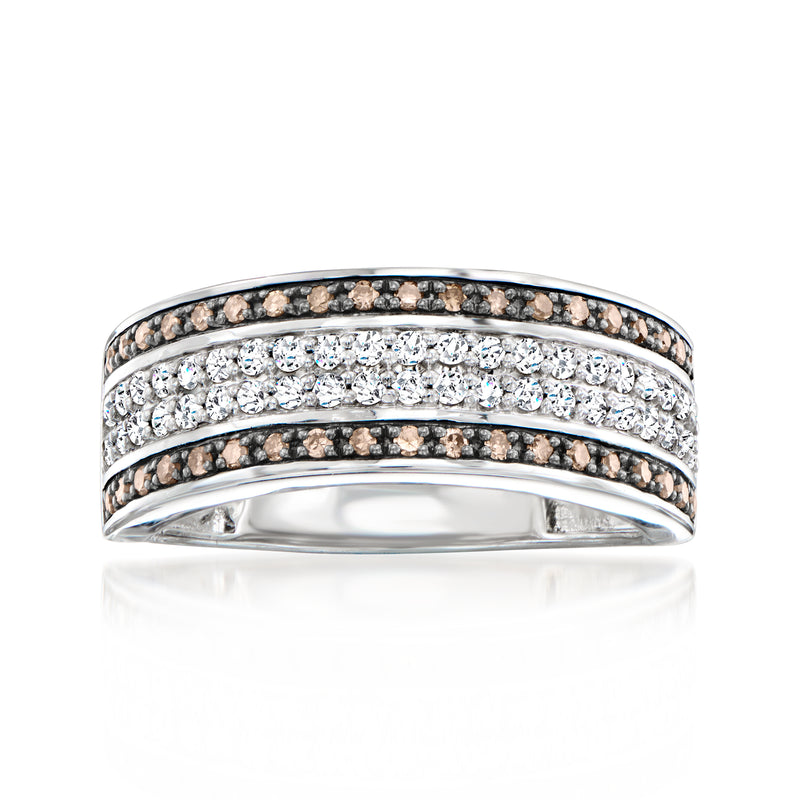 Sterling silver multi-row diamond ring with white and brown stones, domed top