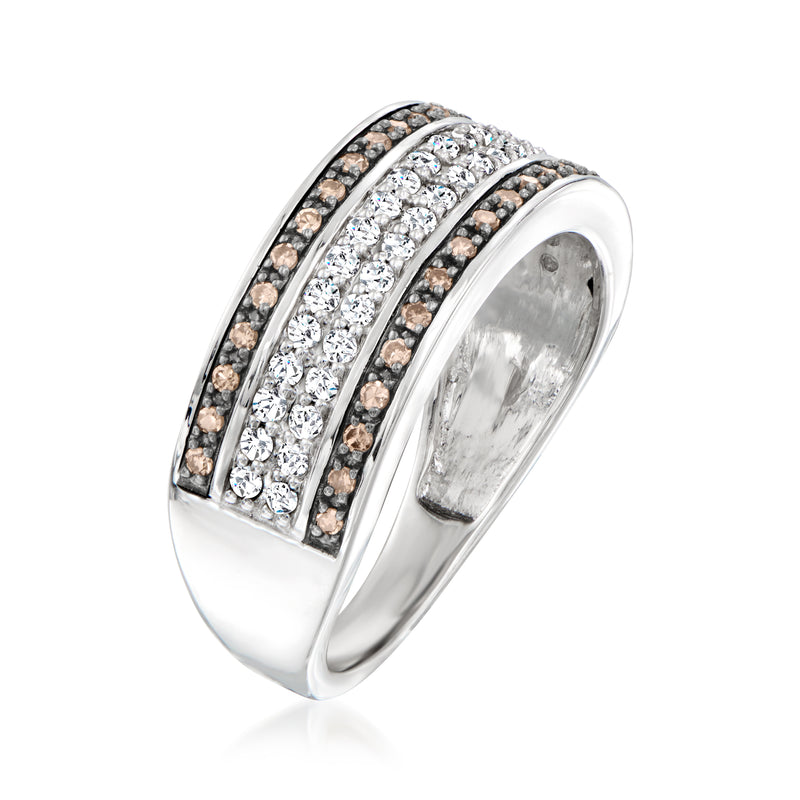 Sterling silver ring angled view with three diamond bands in white and brown
