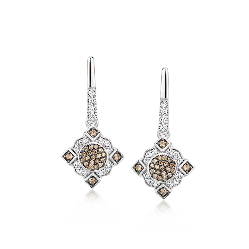 Sterling silver vintage-style drop earrings with white and brown diamond clusters