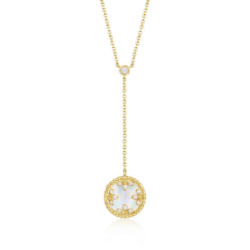 18kt yellow gold Y-necklace with round mother-of-pearl pendant and diamond accents