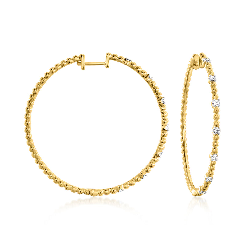 Gold hoop earrings with diamond station beaded detail and hinged clasp