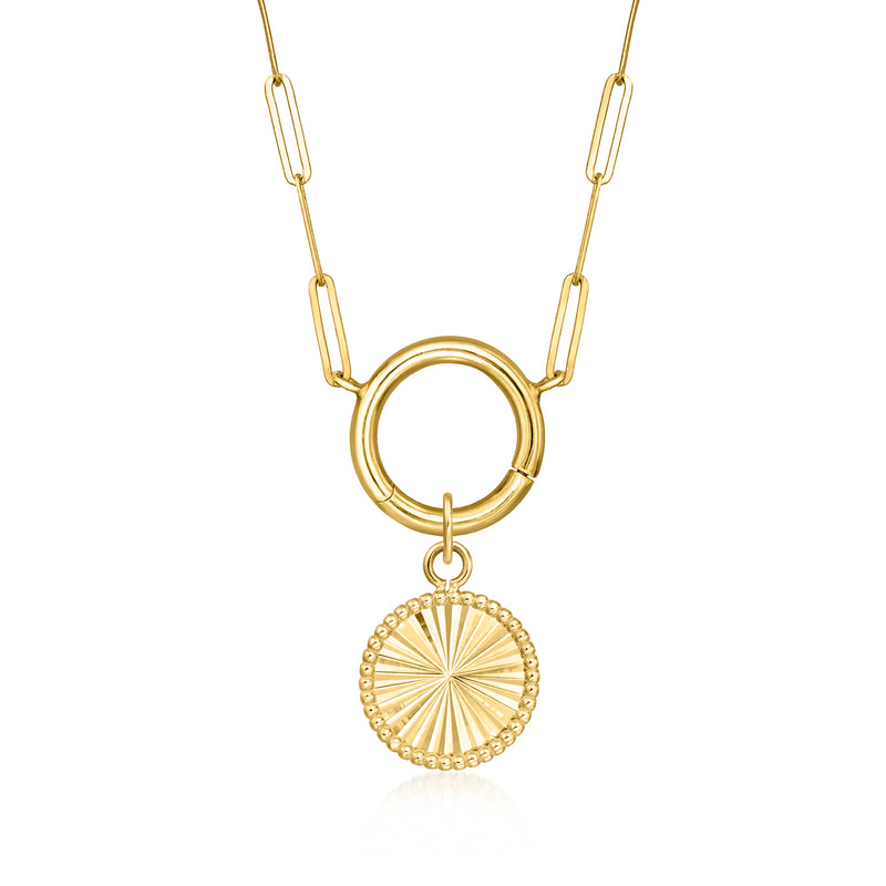 Yellow gold chain necklace with round sunburst circle charm drop