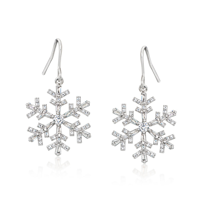 Sterling silver CZ snowflake drop earrings with earwire hooks and clear stones