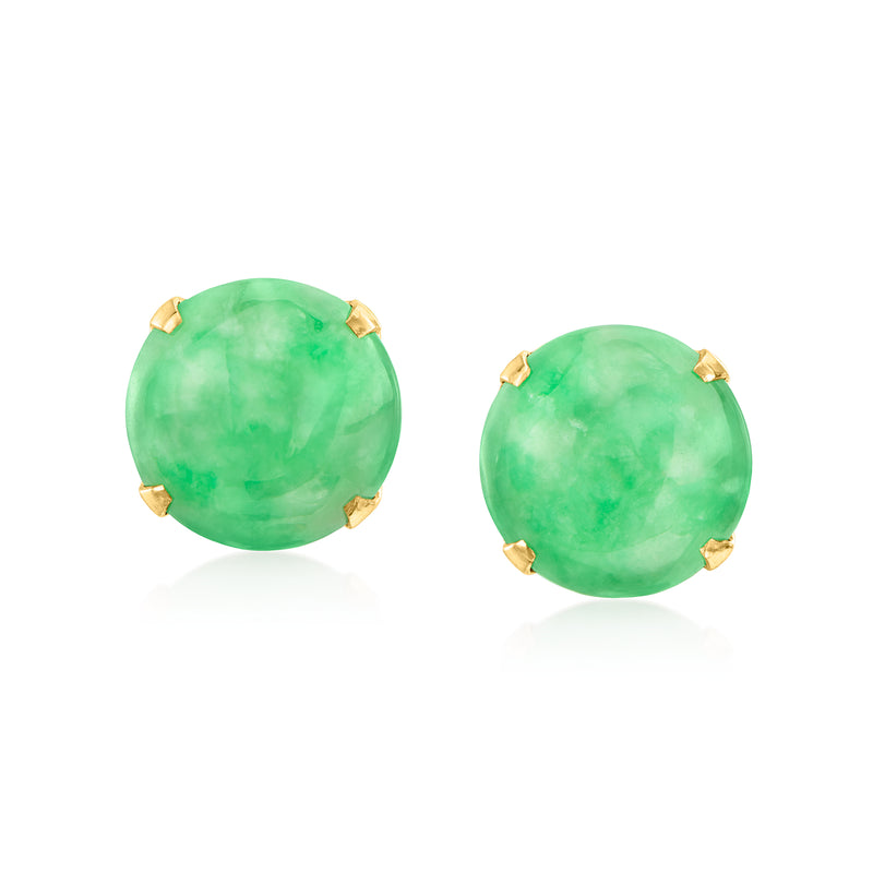 Vintage jade stud earrings, round green cabochon in 18kt yellow gold post settings