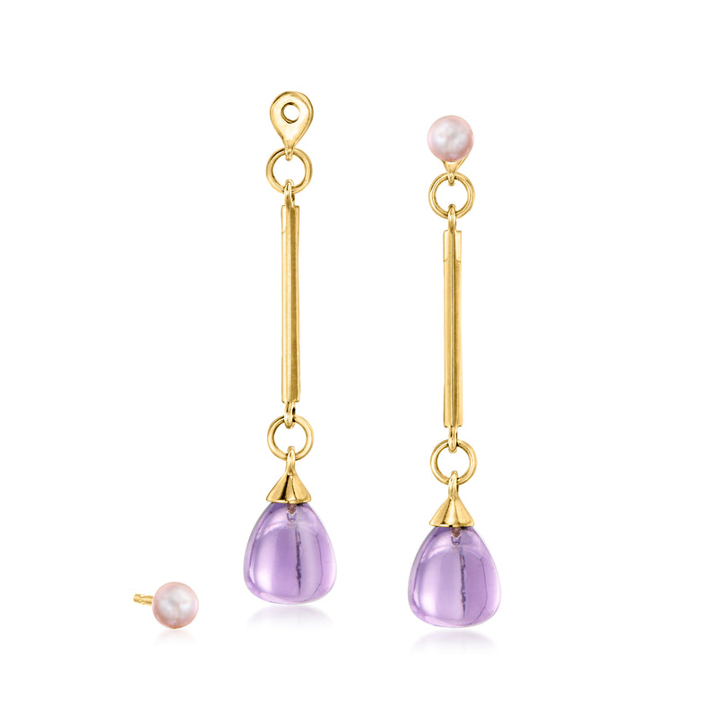 Gold post earrings with peach cultured pearl tops and amethyst drop charms
