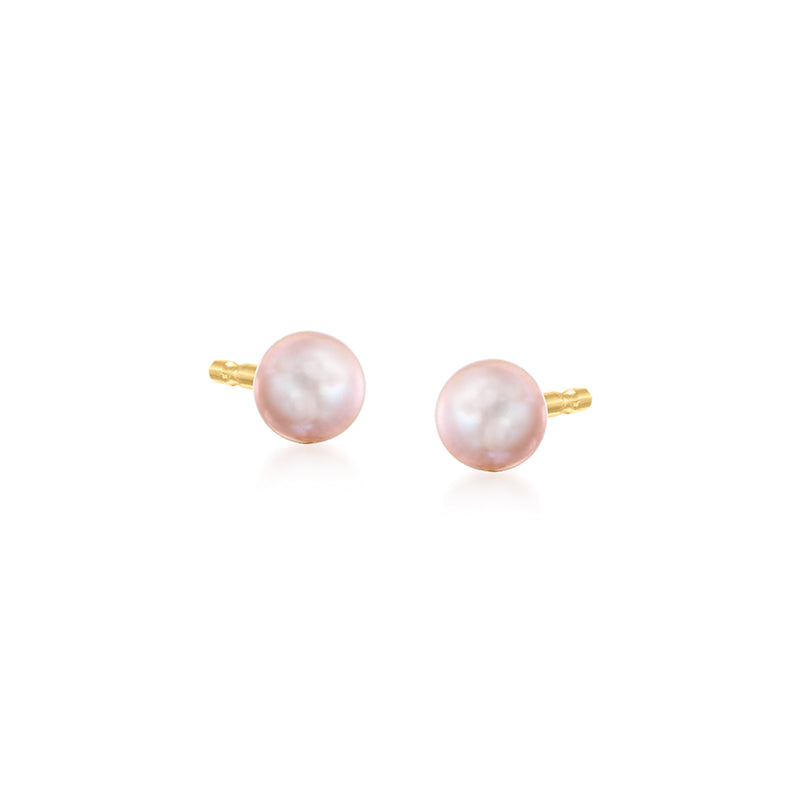 Gold post earrings with single peach cultured pearl stud