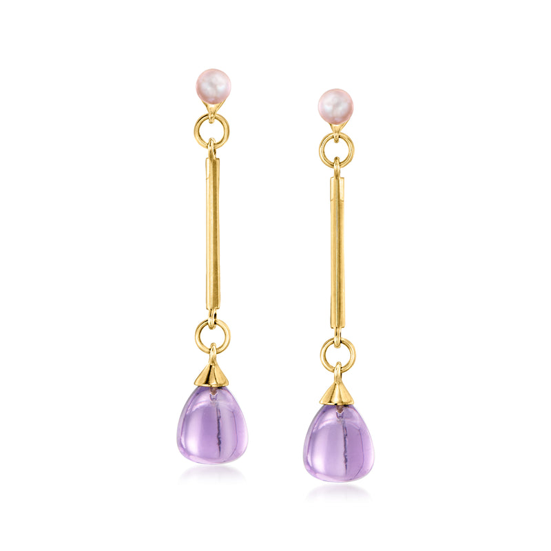 Gold drop earrings with peach cultured pearls and amethyst teardrop charms