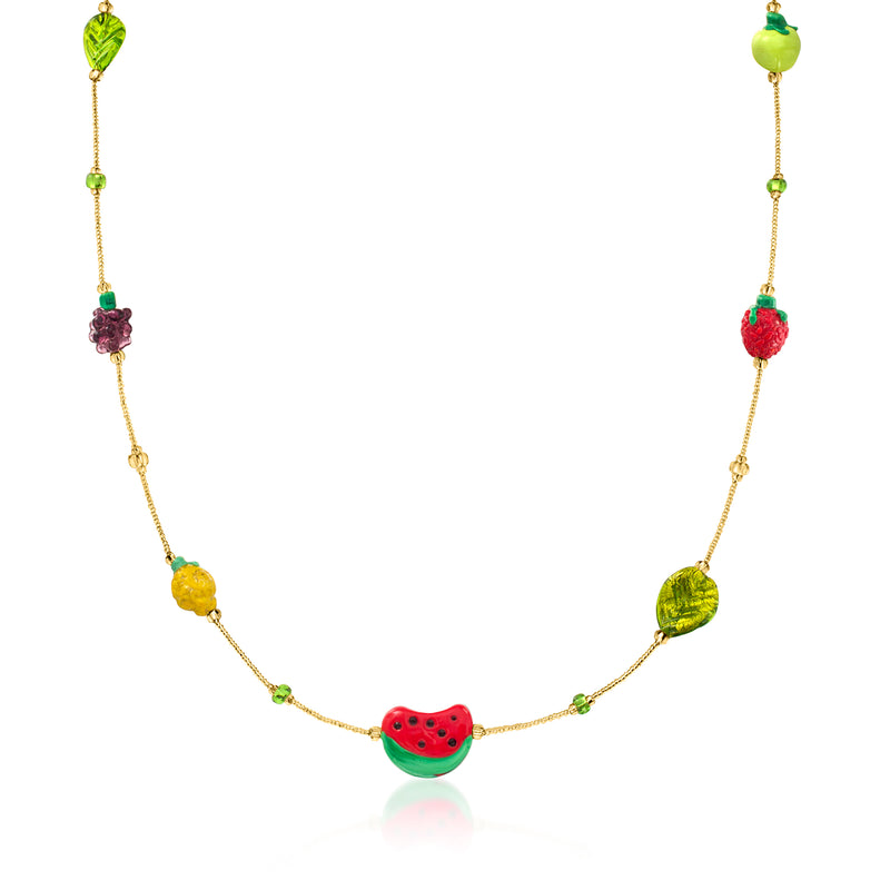 Multicolored glass fruit bead station necklace with watermelon charm and gold-tone chain