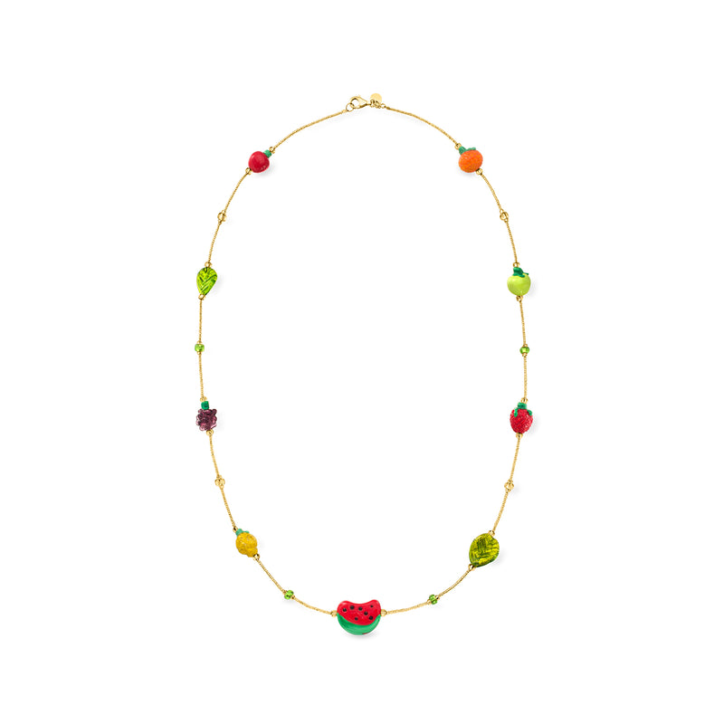 Multicolored fruit bead station necklace with watermelon charm, gold-tone chain