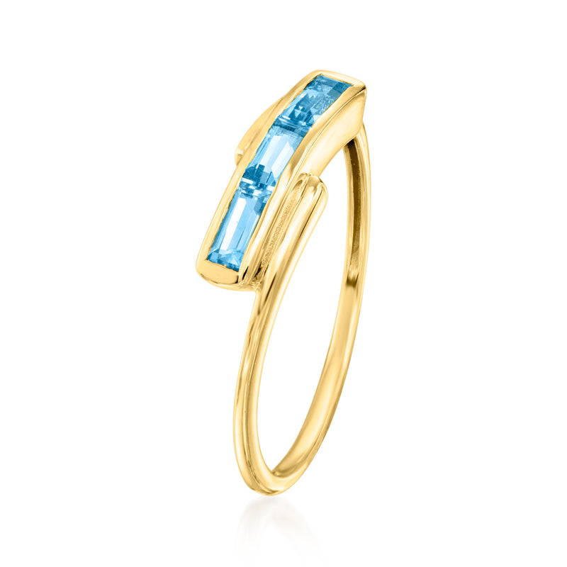 10kt yellow gold baguette blue topaz ring, angled side view