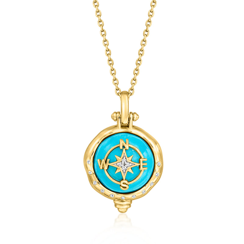 18kt gold over sterling compass pendant necklace with turquoise round locket