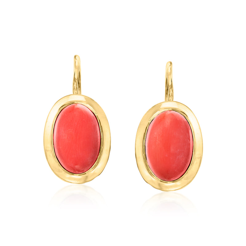 C. 1960 coral oval drop earrings, 18kt yellow gold with red cabochon in oval frame