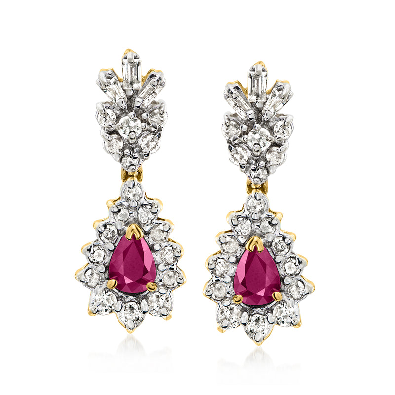 Ruby pear drop earrings with diamond floral halos in 14kt yellow gold.