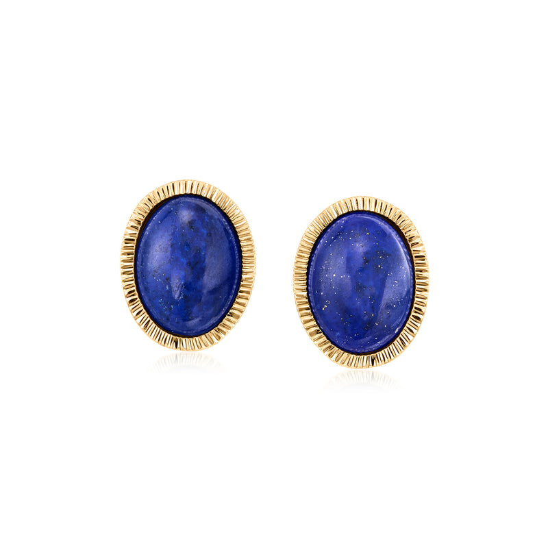 Oval lapis lazuli cabochon stud earrings in 14kt yellow gold with blue centers