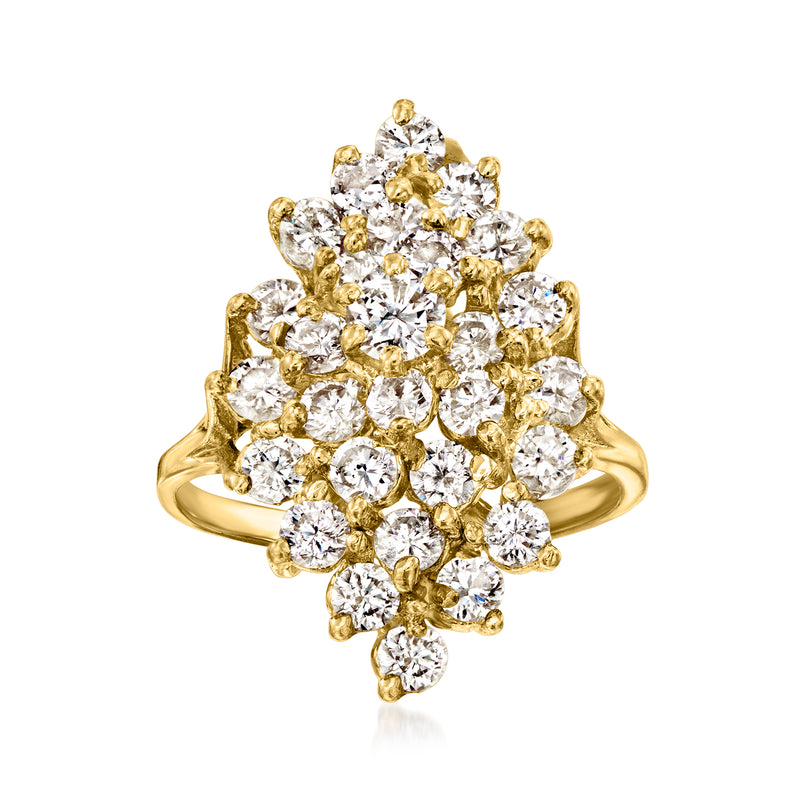14kt yellow gold diamond cluster ring with sparkling round stones, cross-shaped setting
