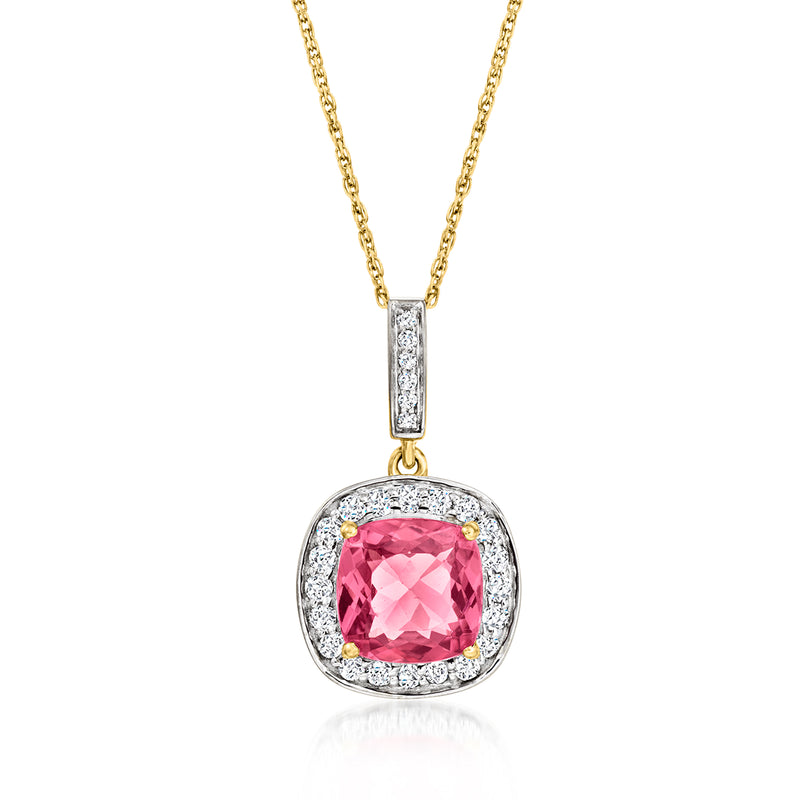 14kt yellow gold pendant necklace with pink tourmaline and diamond halo