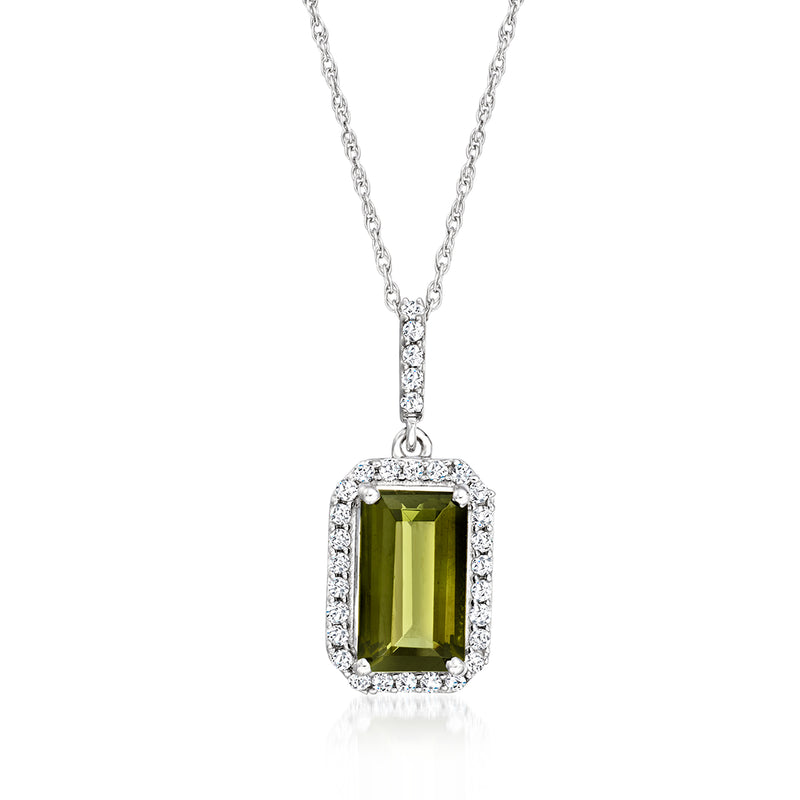 14kt white gold necklace with rectangular green tourmaline pendant and diamond halo
