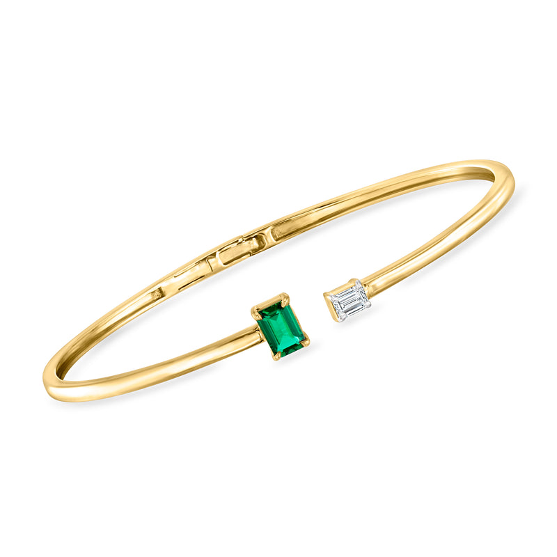 Gold vermeil cuff bracelet with green emerald center and square diamond side