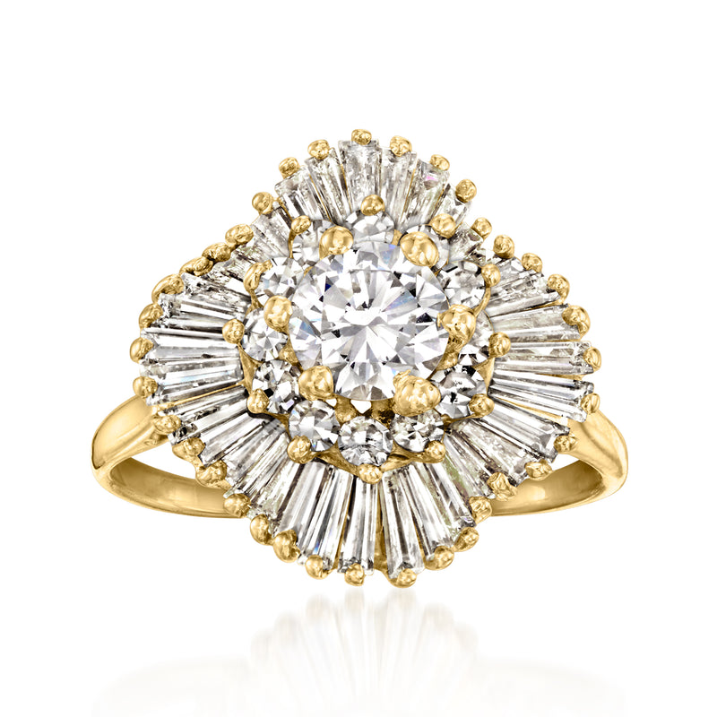Yellow gold diamond cluster ring with round center and radiating baguette stones