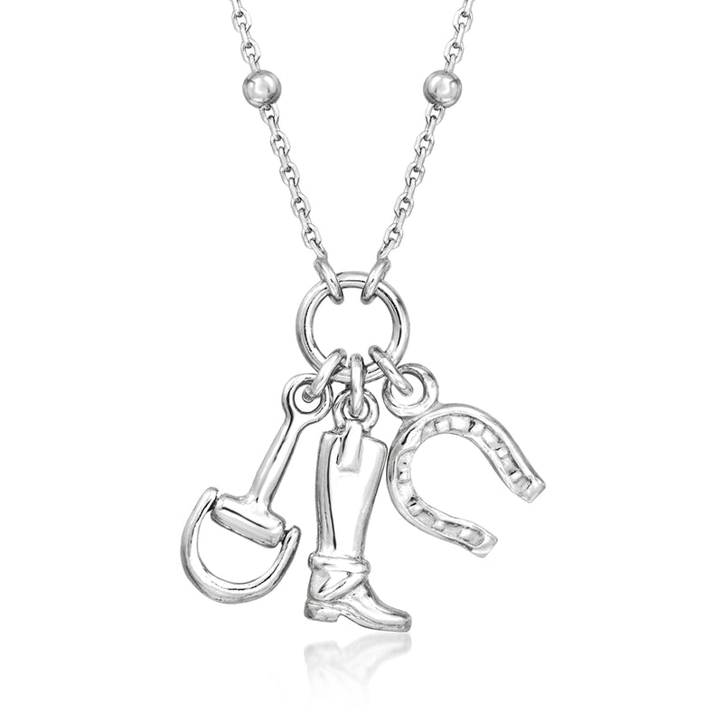Sterling silver charm necklace with cowboy hat, boot, and horseshoe pendants