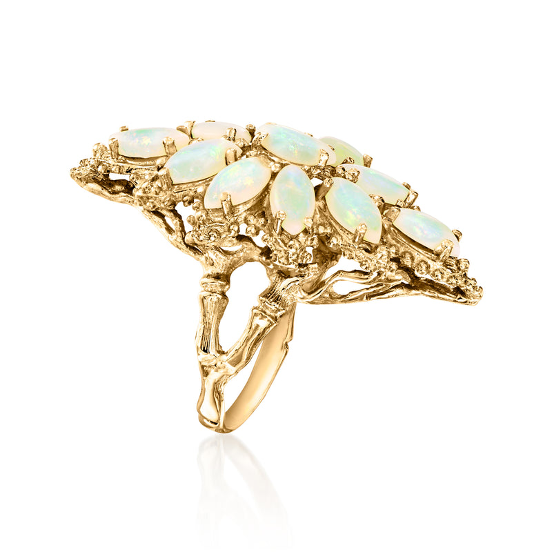 14kt yellow gold opal cluster ring, raised setting with oval opal cabochons