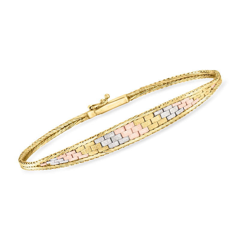 Vintage 14kt tri-colored gold woven bracelet with clasp, multicolor woven strip