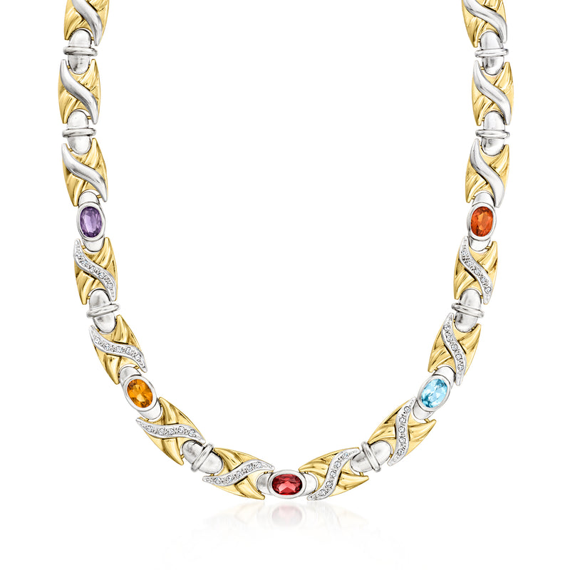 Two-tone gold XO necklace with multicolor gemstones and diamond accents, 16-inch