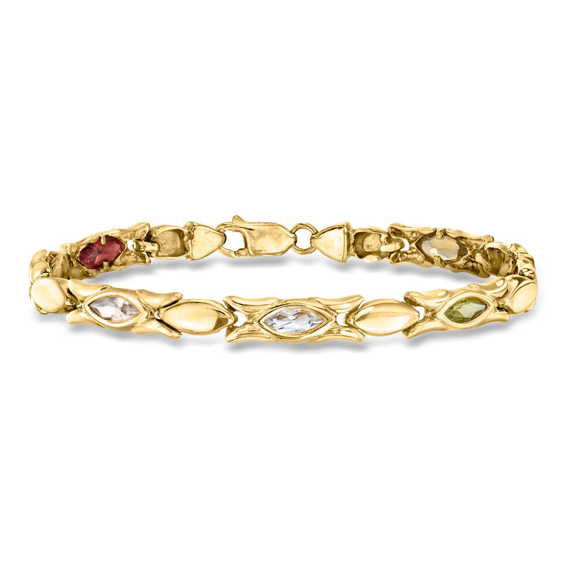14kt yellow gold link bracelet with multi-gem insets, including red and clear stones