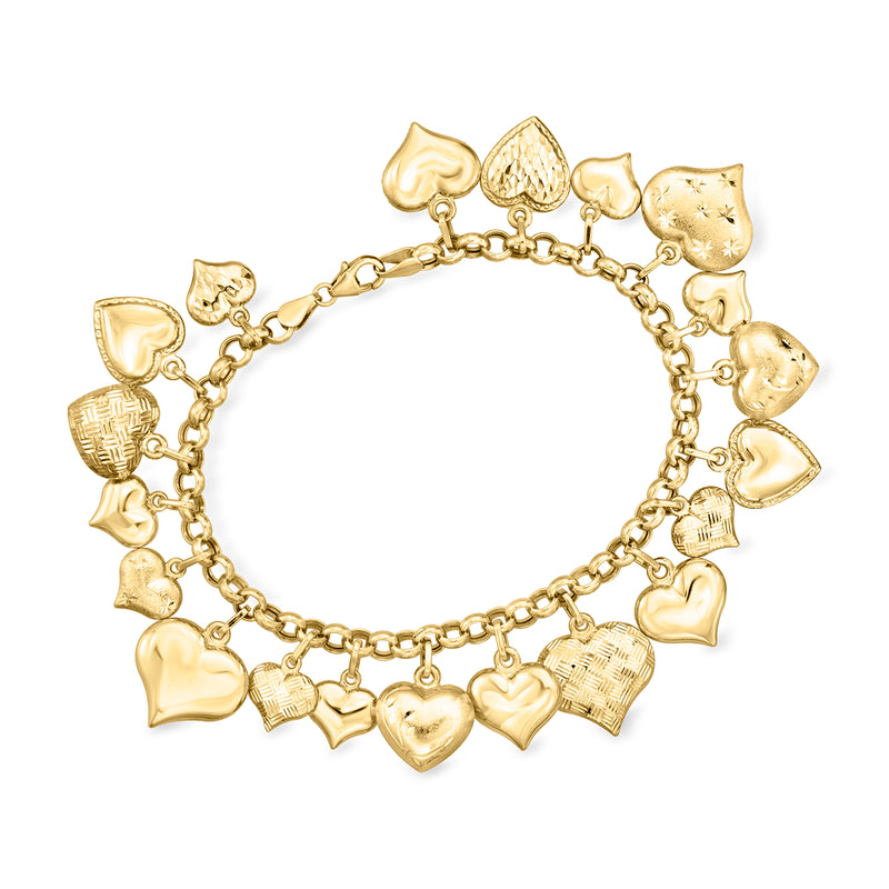 14kt yellow gold heart charm bracelet with multiple heart-shaped charms and link chain