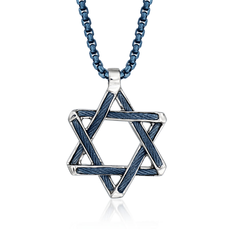 ALOR Star of David pendant necklace, stainless steel with blue enamel accents on cable chain
