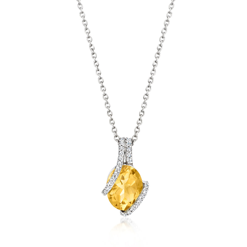 Sterling silver citrine and diamond pendant necklace with pear-shaped citrine drop