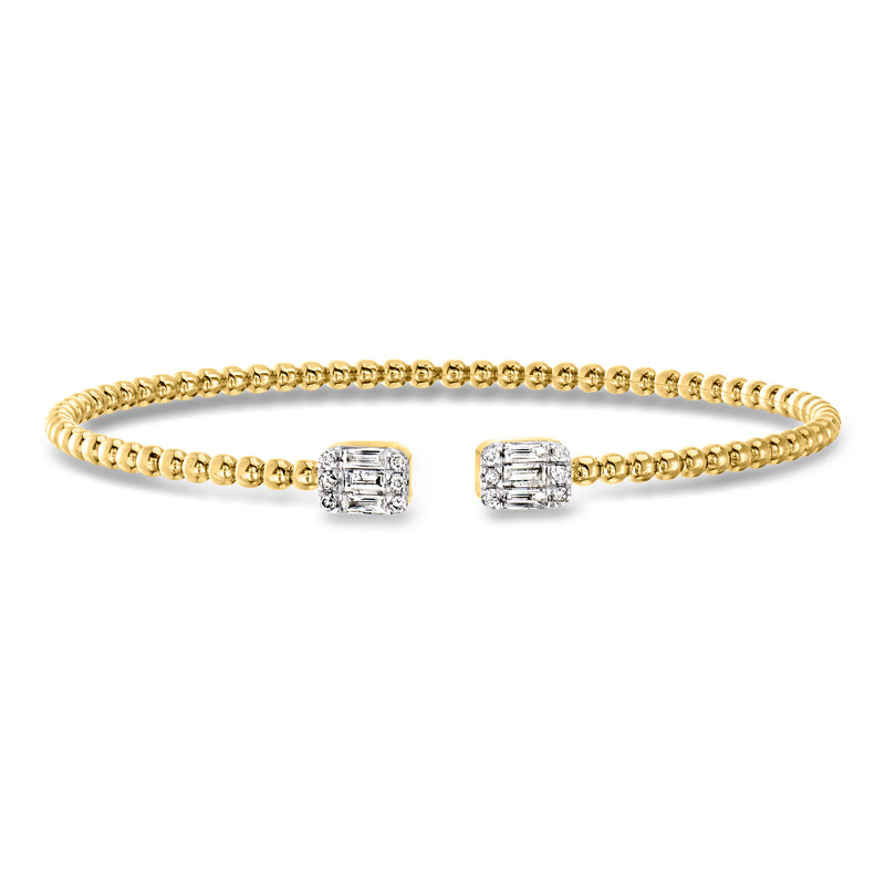 Gold bead cuff bracelet with two square diamond-style crystal settings