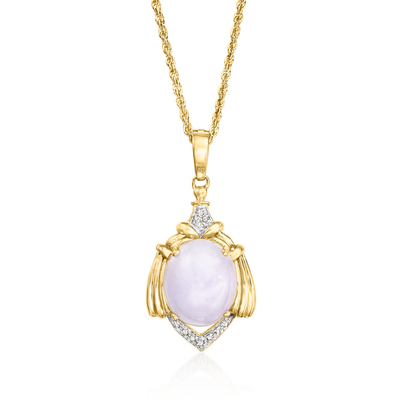 Lavender jade oval pendant necklace in 14k yellow gold with diamond accents