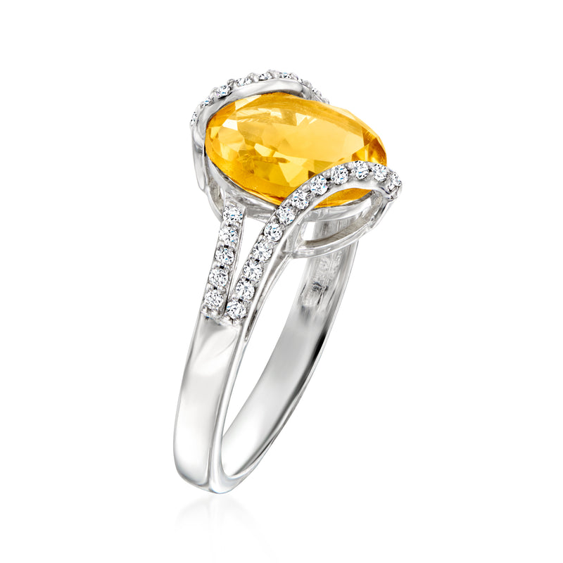 Sterling silver oval citrine ring with openwork diamond-set side shanks